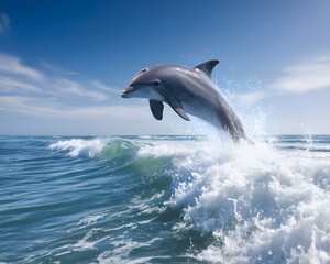 A dolphin leaps out of the ocean water with a clear blue sky and clouds in the background on a sunny day