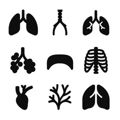 Lung Anatomy Icons. Solid, filled icon set of lung anatomy basics: lungs, trachea, bronchi, alveoli, diaphragm, rib cage,