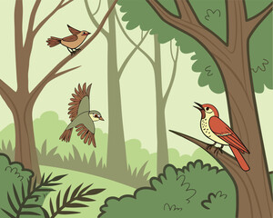 Cute cartoon birds on a blossoming tree branch illustration