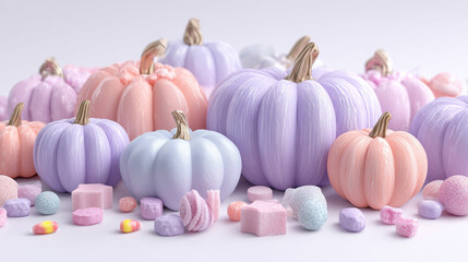 Pastel Pumpkins and Candy Still Life Close Up