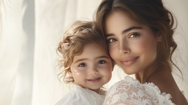 ender moment between young mother and smiling toddler daughter in white dresses