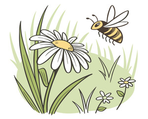 Daisy and Bee Illustration | Bee Landing on Daisy Flower