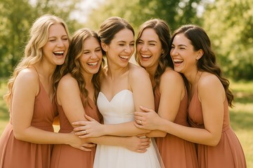 Obraz premium Joyful wedding celebration with bridesmaids in a sunny outdoor setting