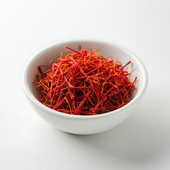 Fototapeta premium Aromatic Saffron Strands A Close-Up of Culinary Spice in White Bowl for Exotic Flavor and Vibrant Color