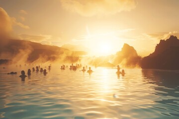 Visitors relax in a geothermal spa surrounded by steam in a serene landscape in Iceland during the evening