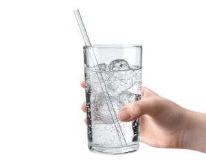 A hand holding a glass of sparkling water with ice and a straw against a transparent background