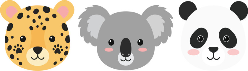 Cute Cartoon Animal Faces Leopard Koala and Panda on transparent background