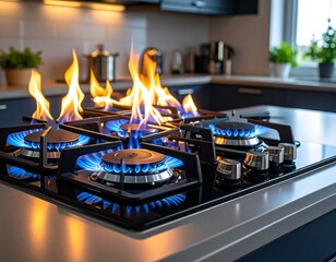 Kitchen gas stove with flames