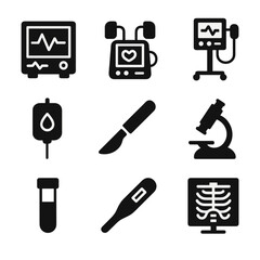 Medical Equipment Icons. Solid, filled icon set of medical equipment: ECG monitor, defibrillator, ventilator, IV drip, surgical