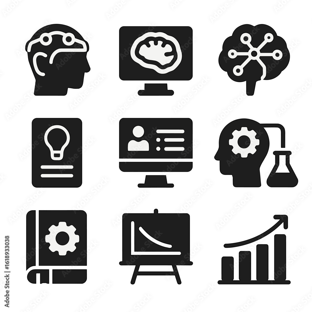 Poster memory tools icons. solid, filled icons set of tools for studying memory retention: eeg headset, bra