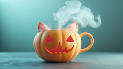 Pumpkin Cat Mug with Steam on Teal Background