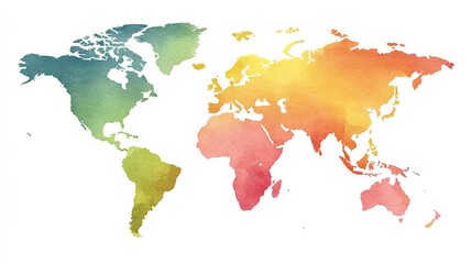 Watercolor world map, various pastel shades