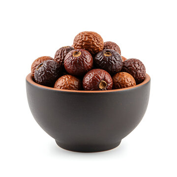A dark ceramic bowl filled with whole dried soap nuts, also known as reetha or soapberries, for natural laundry and cleaning, isolated on a white background.