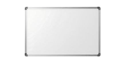 Empty white board or magnetic dry erase board with a silver frame. Isolated on transparent background, png