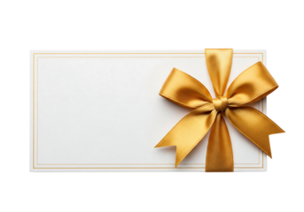 Blank gift card or invitation envelope with a golden satin ribbon bow. Isolated on transparent background, png