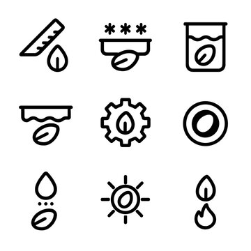 Seed Treatment Icons. Solid, filled icon set of Seed treatment methods: scarification, stratification, soaking, priming, coating,