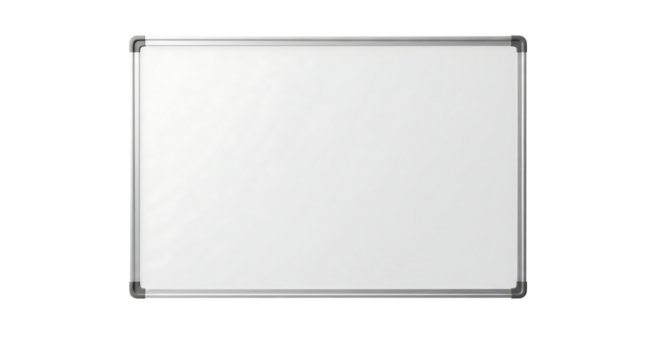 Empty white board or magnetic dry erase board with a silver frame. Isolated on transparent background, png