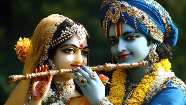 Radha Krishna deities playing flutes represents divine love, spirituality, and devotion. Radha Krishna statues display a relationship based on divine love and complete faith.