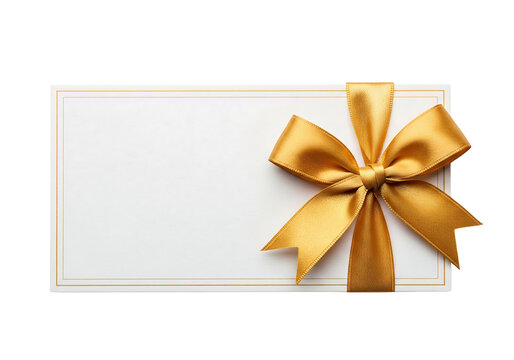 Blank gift card or invitation envelope with a golden satin ribbon bow. Isolated on transparent background, png