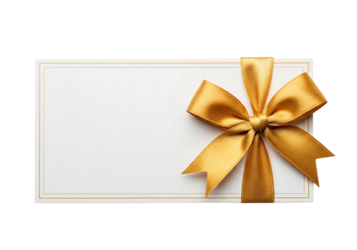 Blank gift card or invitation envelope with a golden satin ribbon bow. Isolated on transparent background, png