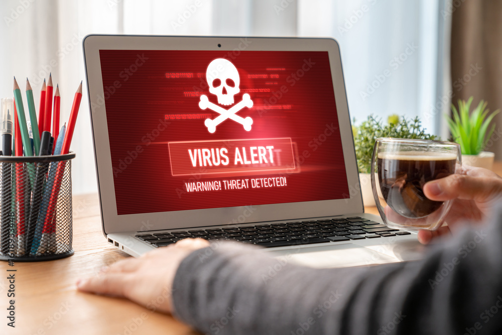 Poster virus warning alert on computer screen detected modish cyber threat , hacker, computer virus and mal