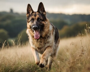 A german shepherd dog running through a field of tall grass with its tongue hanging out happily