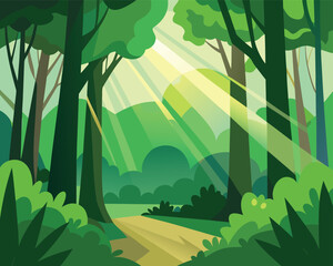 Lush Green Forest with Sunlight Rays | Sunbeams in Dense Green Forest
