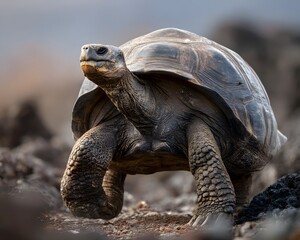 A galapagos tortoise walking slowly on rocky ground with a blurred background in natural light