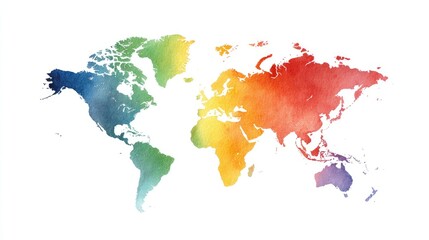 World map, watercolor style, rainbow gradient