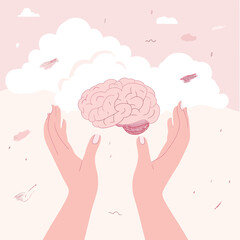 A modern, flat, anatomical icon in color illustration represents human organ collection, featuring human hands holding a brain isolated on a white sky background, symbolizing health care, neurology,