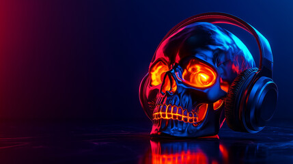 Skull with Headphones Glowing in Neon Light