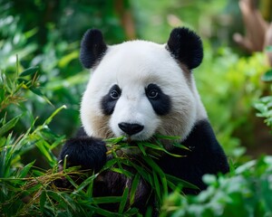 A giant panda eating bamboo leaves surrounded by green foliage in a lush forest environment close up