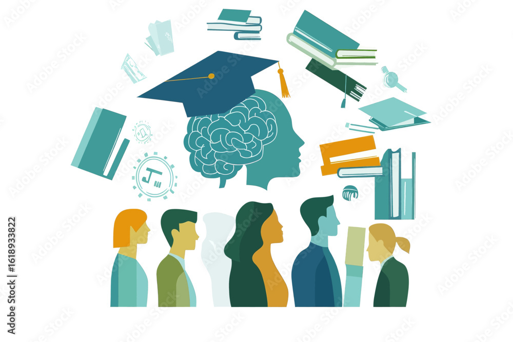 Poster illustration of a brain adorned with a magnifying glass and academic cap, symbolizing user learning 