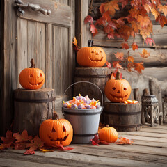Rustic Halloween Display with Carved Pumpkins and Treats