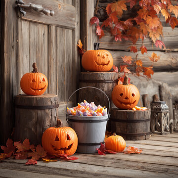 Rustic Halloween Display with Carved Pumpkins and Treats