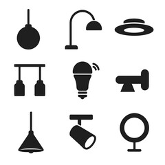 Obraz premium Modern Lighting Icons. Solid, filled icons set of modern lighting fixtures: globe pendant, arc floor lamp,