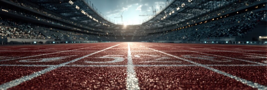 View of a running track in a large stadium during an outdoor athletic event at sunset