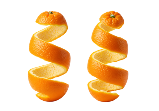 Two views of a fresh orange peel spiraled in a continuous curl. Isolated on transparent background, png