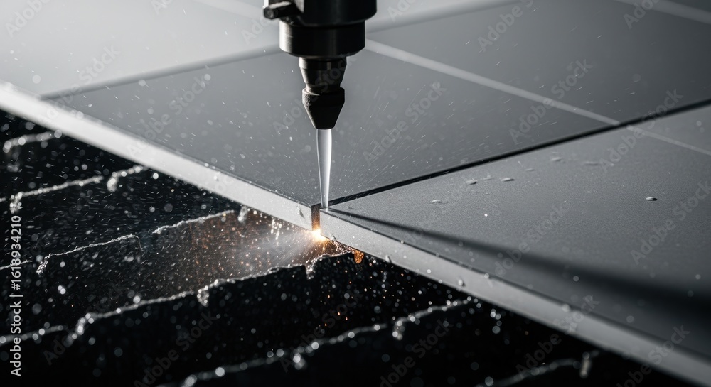 Poster side perspective of advanced thermal tile cutting with precision waterjet highlighting sharp edges a