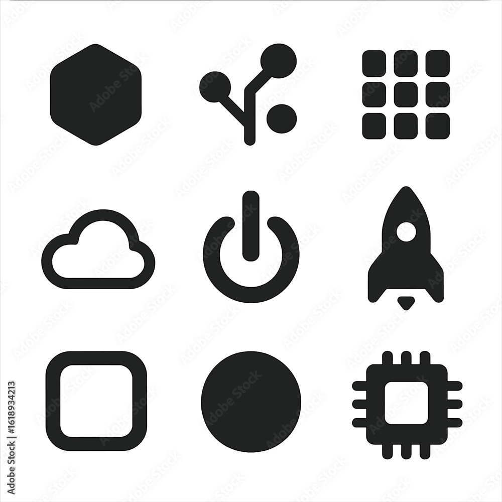 Poster modern tech icons. solid, filled icons set of minimal branding and tech logos: abstract hexagon, cir