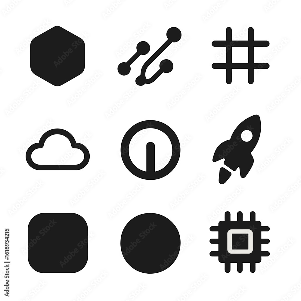 Poster modern tech icons. solid, filled icons set of minimal branding and tech logos: abstract hexagon, cir