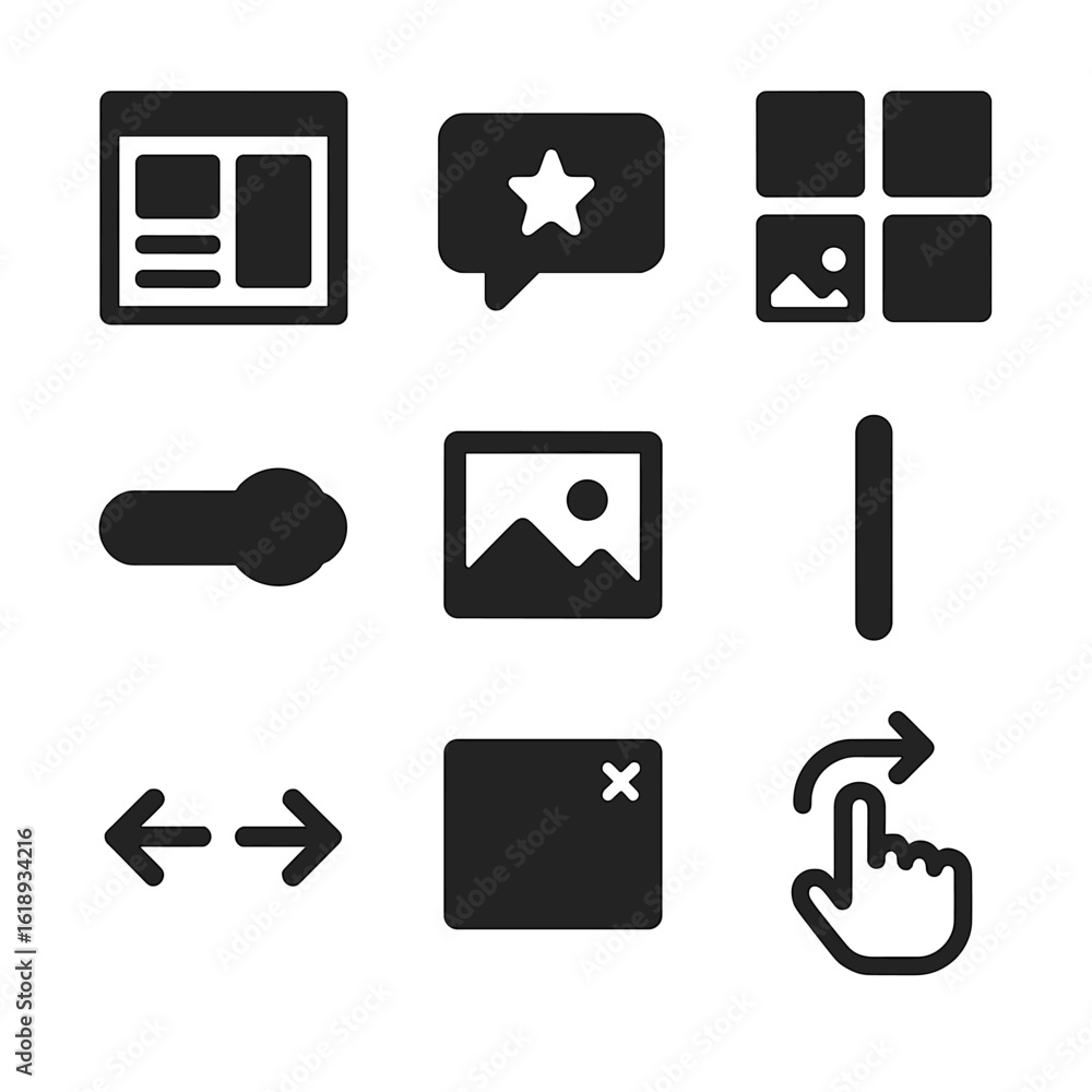 Poster modern ui icon set. solid, filled icons set of visual recommendation interfaces: ui wireframe, recom