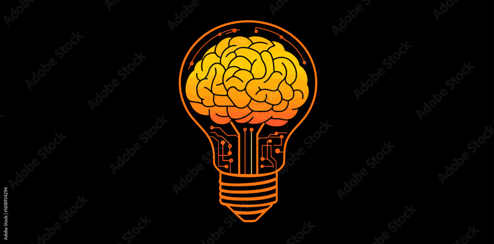 Poster a brain resembling a bulb with intricate circuits, symbolizing the concept of stock, as represented 