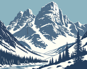 Snow Covered Mountain Peaks | Winter Mountain Summit Illustration