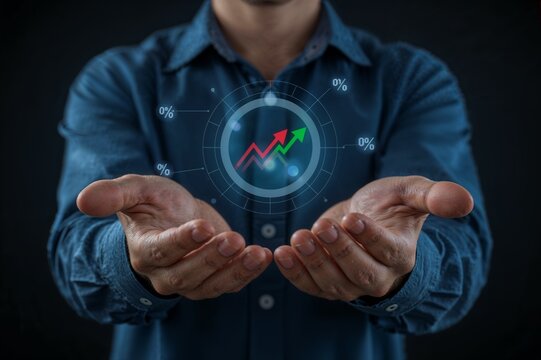 A businessman's hands presenting a futuristic glowing interface with a rising graph, symbolizing business growth and investment success