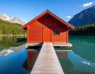 Lakeside cabin on a serene mountain lake