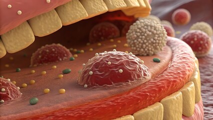 Cinematic 3D rendering of food being chewed — molars grinding, salivary glands secreting enzymes, bolus forming on the tongue