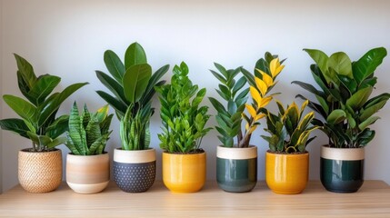 Fototapeta premium Row of potted plants in various colors