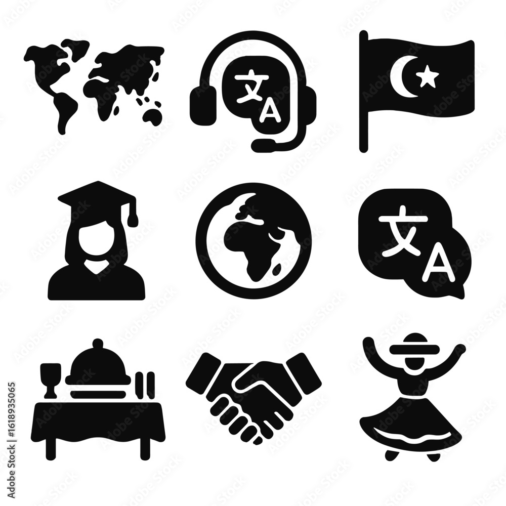Poster multicultural icons grid. solid, filled icons set of multicultural welcome programs: world map, tran