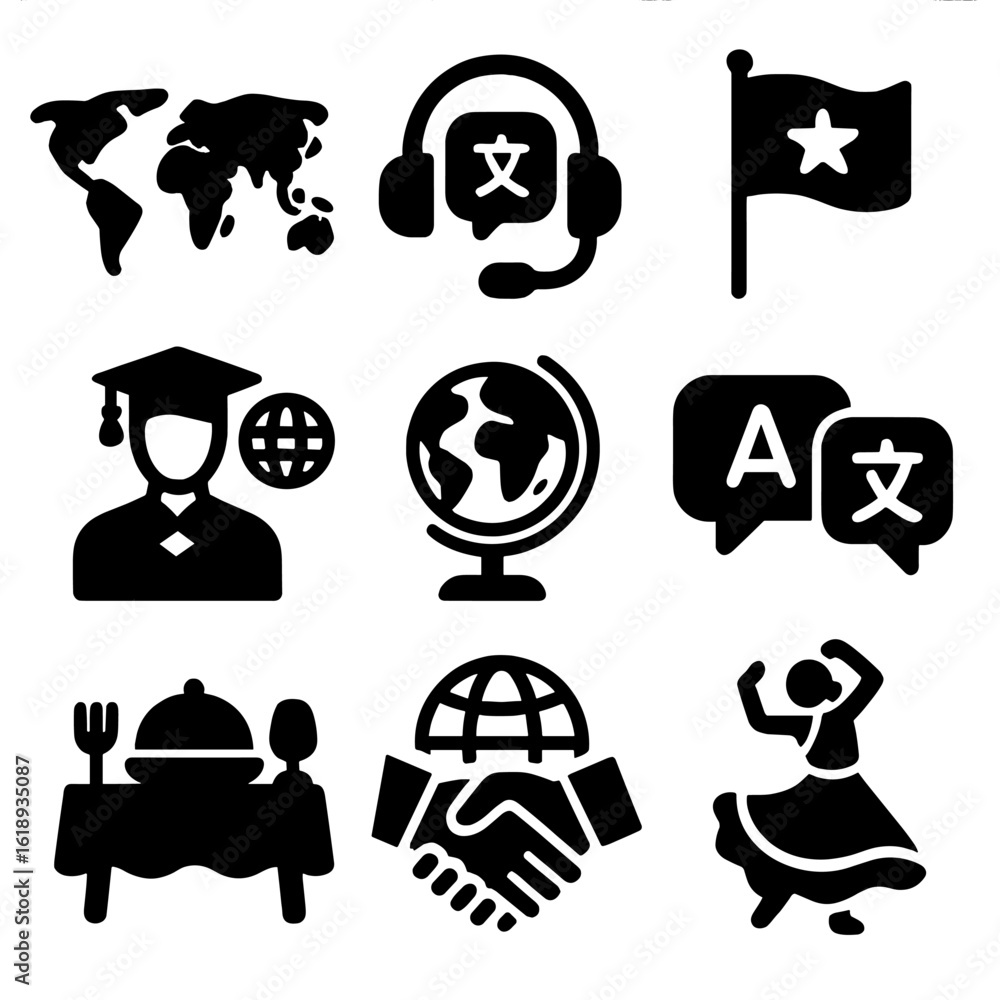 Poster multicultural icons grid. solid, filled icons set of multicultural welcome programs: world map, tran